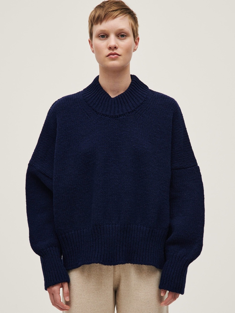 Babaa No 15 Navy Ribbed Crewneck Oversized Sweater